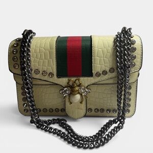 Bee Clasp Studded Stripe Chain Shoulder Bag Cream Croc Embossed Gucci-Inspired